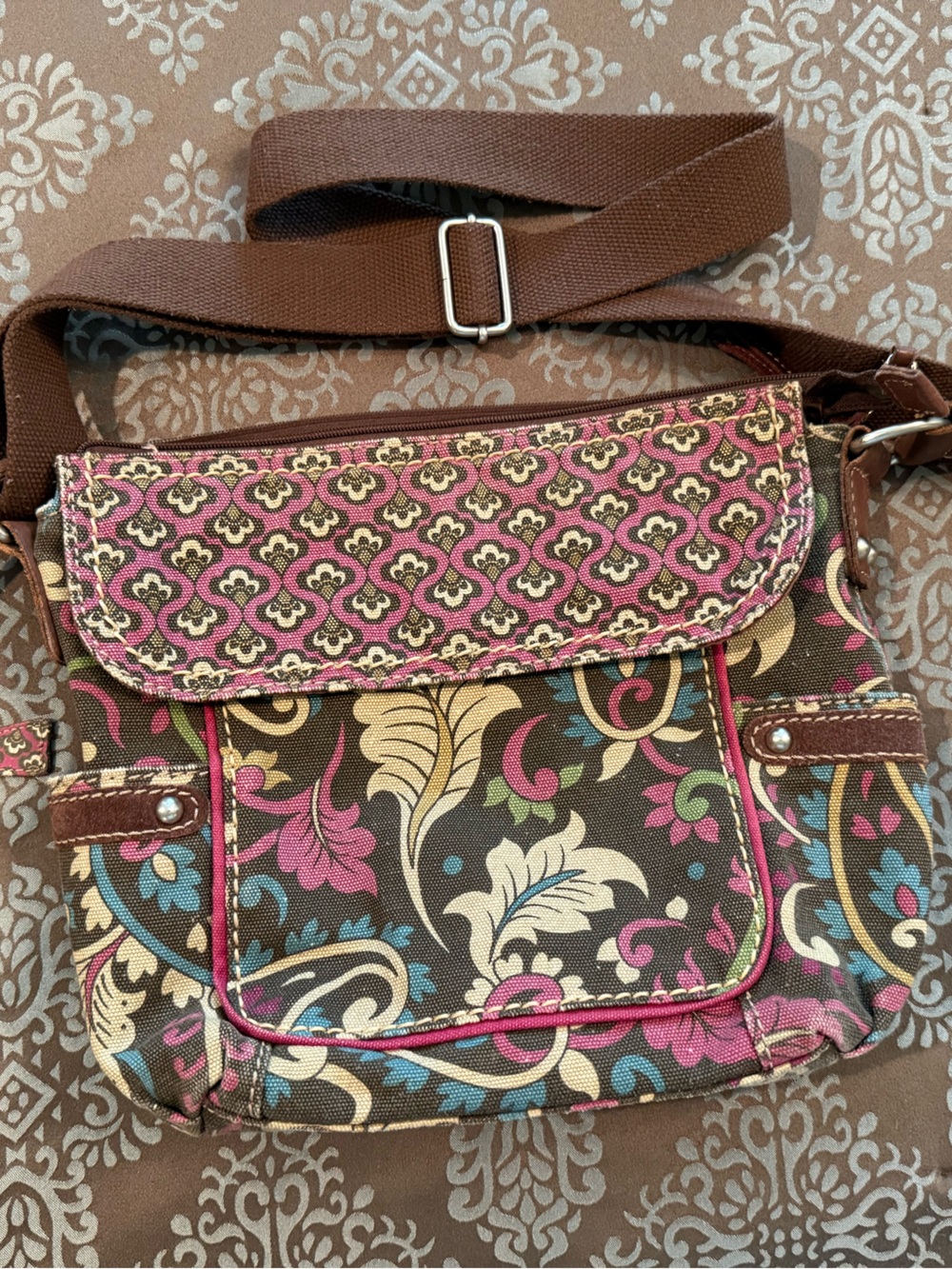 Fossil Brown Crossbody Bag with Pink and Cream Floral Print